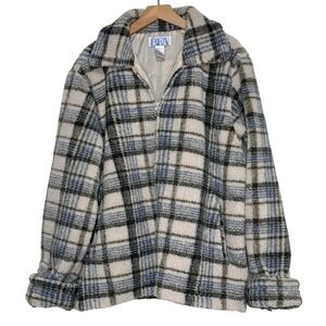 Y2K BFA Classics Sherpa Fleece Jacket 1X Blue Cream Plaid Zip Front‎ Lined VTG